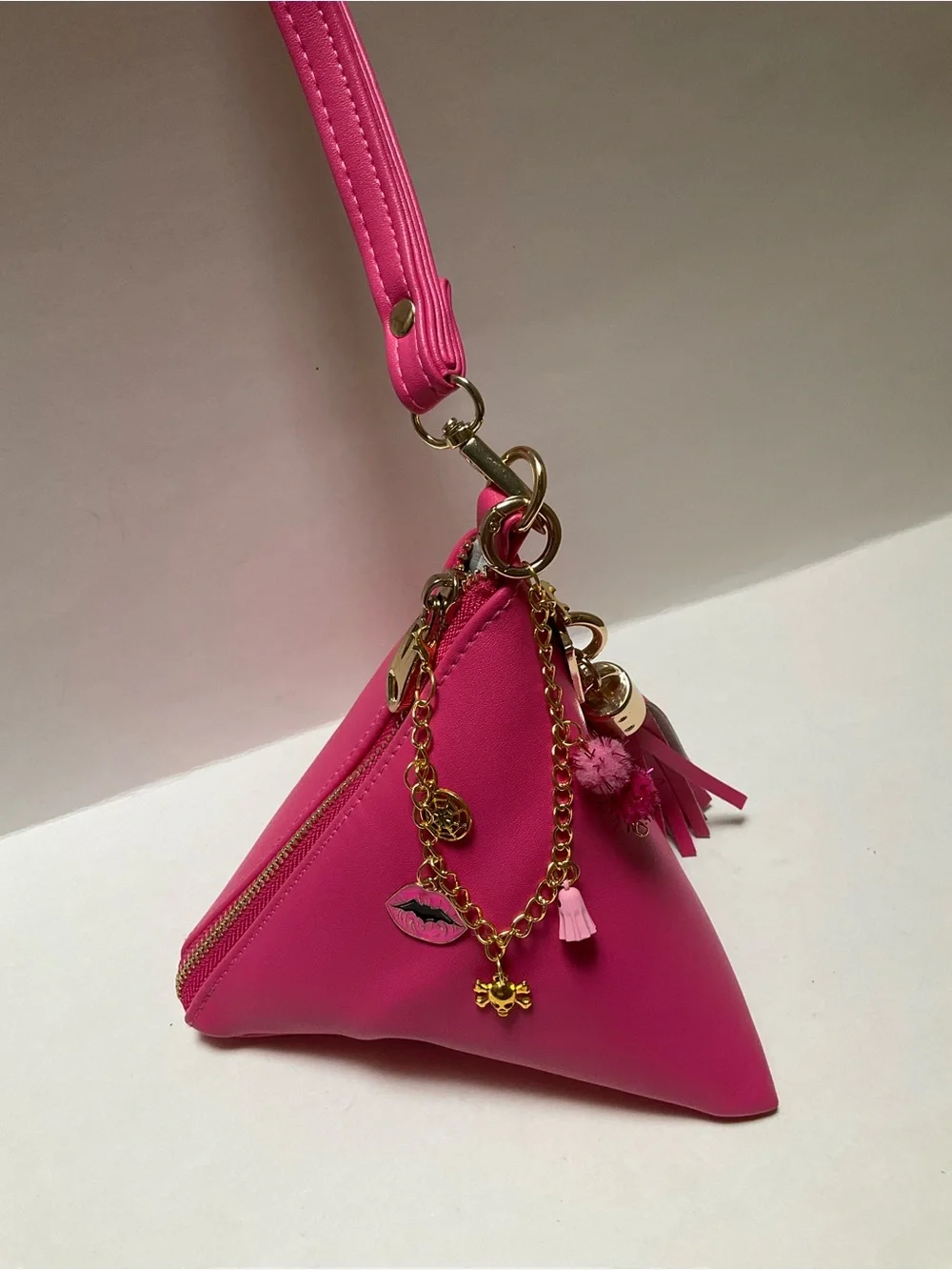 Synthetic leather triangle Hot Pink Wristlet Clutch Gold Spike Summerween Charms